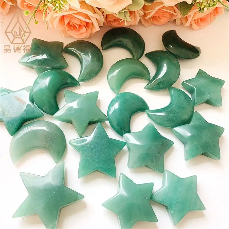 Venta caliente piedras curativas cristal artesanía verde Aventurina luna y estrella ansia para Decoración