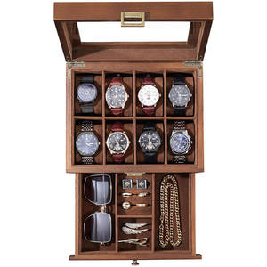 Caja <span class=keywords><strong>de</strong></span> Madera Vintage para Relojes al por Mayor, Organizador <span class=keywords><strong>de</strong></span> Relojes para Hombre con 12 Ranuras, Estuche <span class=keywords><strong>de</strong></span> Exhibición <span class=keywords><strong>de</strong></span> Madera <span class=keywords><strong>de</strong></span> 2 Niveles con Tapa <span class=keywords><strong>de</strong></span> Cristal y Cajón para Joyas - Product Image 1