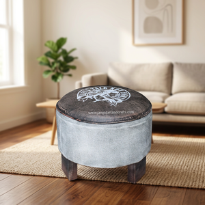 Modern Style Pu Leather Pouff & <b>Canvas</b> Ottoman Footstool <b>Wooden</b> Leg Handmade Jangid Art Crafts Living Room Home Hotel - Product Image 3