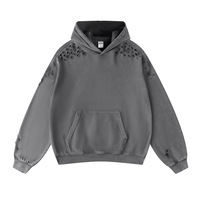 Setelan Celana Panjang dan Hoodie Pria Model Wide Leg Distressed Hitam 400gsm Streetwear Tebal untuk Remaja, Setelan Celana Sweatpants Baggy Washed