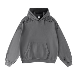 Ensemble pantalon large et sweat à capuche déchiré pour homme, style Y2K, noir, 400 g/m², streetwear épais, ensemble de survêtements amples délavés pour garçons - Product Image 2