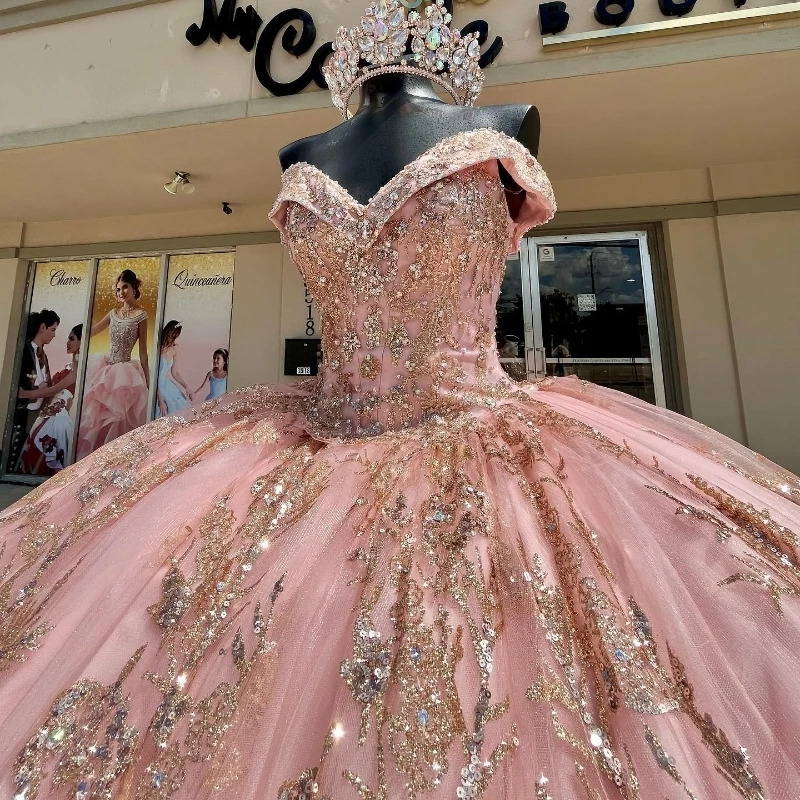 green emerald velvet dress Glitter Rose Gold Quinceanera Dresses for Sweet 16 Ball Gowns – MyChicDress