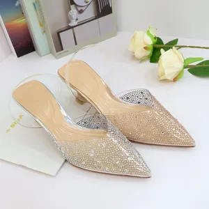 OEM Korean Style Chaussures Dames Sexy Slingbacks Low Heels Transparent Rhinestone Decorate Pointed Toe Sandals Shoes For Women