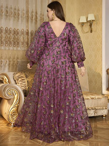 Plus size elegante avondjurk met willekeurige snit, V-hals, lange lantaarnmouwen, versierd met kralen, pailletten en borduurwerk, wijde rok, geschikt voor gala's en proms, 2025 - Product Image 6