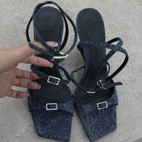 Nouvelles sandales compensées en jean pour femme, été 2026, à bout carré, à lanières, talon haut, plateforme, en tissu jean bleu, chaussures pour femme