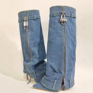 Denim Metallic Lock Shark <b>Boots</b> Cowgirls Zipper Thin Heels Knee High Booties Women Pointed Toe Runway Party Shoes for Lady - Product Image 1