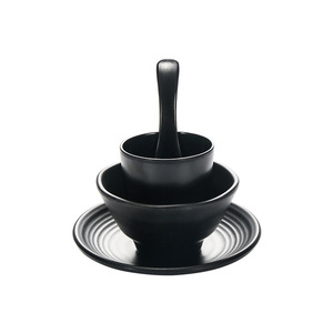 <b>Black</b> Melamine Bowl Set With Spoon And <b>Plate</b> Round Solid Color For Daily Use 4 Piece Commercial Tableware - Product Image 1