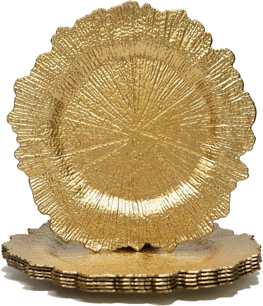 13 Inch Metallic Gold Reef Plastic Chargers Plate for Wedding,Elegant Parties