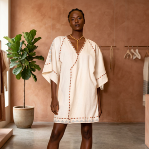Robe courte bohème à col en V avec broderie, manches courtes, coupe ample, 100% lin, respirante, style décontracté d'été - Product Image 3