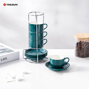 Elegantes tazas de porcelana azules para regalo de boda, recuerdo para invitados, tazas de espresso con platillos apilables, tazas de capuchino con soporte. - Product Image 1