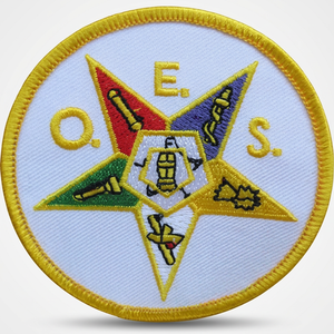 Masonic Order Eastern <b>Star</b> (OES) Eco-Friendly Custom Size Embroidered <b>Star</b>-Shaped Pin <b>Badge</b> White Background Gold Border Iron-On - Product Image 1