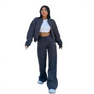 Conjunto Deportivo de 2 Piezas para Mujer, Color Sólido, Personalizado |   Chaqueta Holgada con Cierre + Pantalones Rectos 100% Algodón para Gimnasio y Uso Casual - Product Image 1