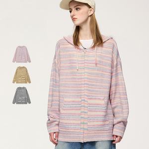 <span class=keywords><strong>Pull</strong></span> à fermeture éclair en maille lâche à rayures <span class=keywords><strong>pastel</strong></span> pour <span class=keywords><strong>femme</strong></span>, de haute qualité, 400 GSM, logo personnalisé, hiver, décontracté, streetwear quotidien, épais - Product Image 2