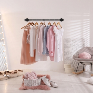 Unho Wall Hanging Clothes <strong>Rail</strong>: Set of 2 <strong>Industrial</strong> Pipe Metal <strong>Clothing</strong> <strong>Rail</strong> Wall Mounted for Hanging Clothes Space-Saving - Product Image 1