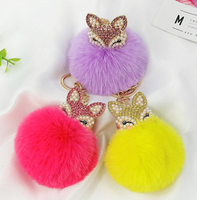 Porte-clés en peluche avec pompon en fourrure de lapin, tête de renard en strass et perles, style anime mignon, accessoires pour sac à main pour femme