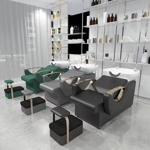 Barbershop Semi <b>Reclining</b> Shampoo Bed <b>Leather</b> <b>Chair</b> with Ceramic Basin Footrest - Product Image 3