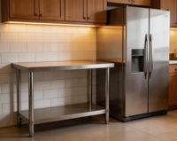 Plan de travail de restauration en acier inoxydable personnalisable avec revêtement autonettoyant, pieds réglables, haute capacité de charge pour cuisine d'hôtel