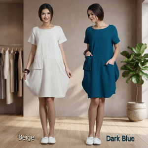 Best Selling Handmade 100% Cotton Bell Sleeve High Waist Vintage Bow <b>Loose</b> A-Line Midi <b>Dress</b> Utility Pockets Plain Dyed - Product Image 2