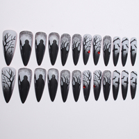 Faux ongles Halloween en ABS à presser – Noir, French Manucure, motif toile d'araignée, pailleté, nude, tendance, forme amande, pour style gothique