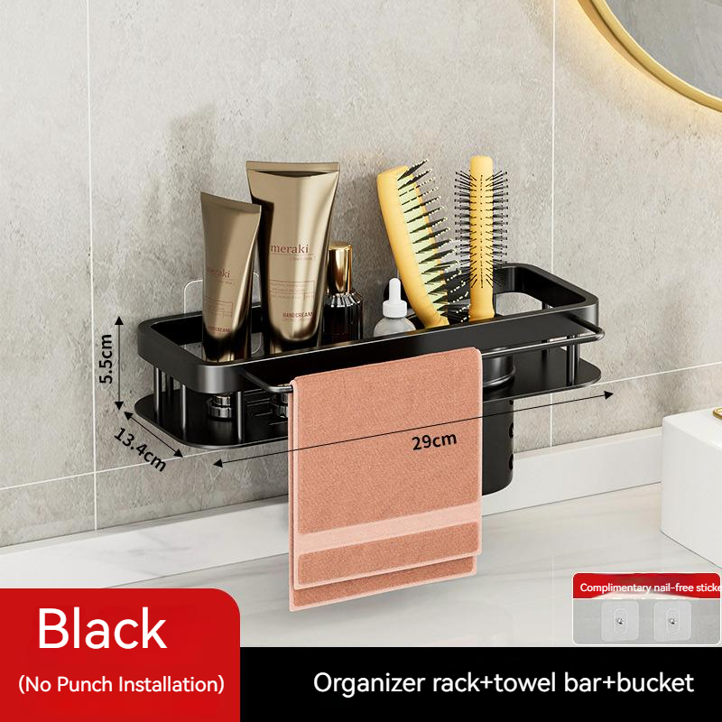 Rack negro con barra de toalla y cubo