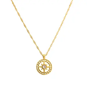 Hot Popular Simple Round Pendant Stainless Steel Plated Gold Rhinestone Octagon Star Necklaces