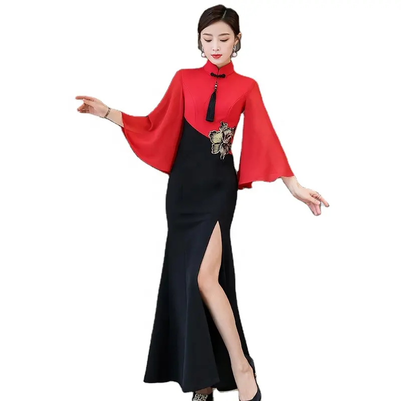 Chinese improved version of cheongsam dress women's self-cultivation stage ethnic style catwalk dress plus size long skirt