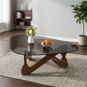 Table basse ovale moderne avec plateau en verre trempé, base en bois, design mid-century, meubles de salon - Product Image 3