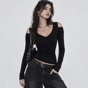 T-shirt moulant noir à épaules dénudées pour femme, en viscose et élasthanne, manches longues, style streetwear décontracté et sexy, mode Y2K - Product Image 4