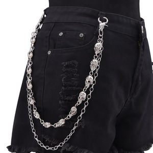 yueliDouble Layer <b>Skull</b> Metal Pants Chain Punk Waist Chain Halloween Accessory Unisex Zinc Alloy Black - Product Image 1