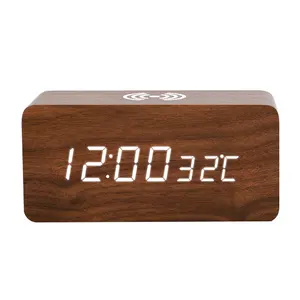 テーブルスモールウッドデジタルワイヤレス充電エコライト時間日付温度表示目覚まし時計