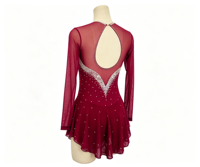 Robe de patinage artistique bordeaux à manches longues, dos découpé, jupe ornée de strass, pour enfants et filles, compétition et performance sur glace
