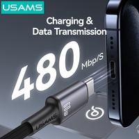 USAMS SJ751 kabel Data pengisian cepat, kabel Data pengisian cepat Tipe C 240W 1.2M PD tipe C, USB-C ponsel Android lampu warna-warni murah untuk Macbook
