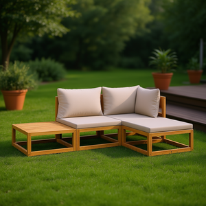 Ensemble de salon de jardin modulaire moyen en bois d'acacia massif taupe, canapé d'extérieur avec coussins, mobilier de jardin durable - Product Image 2