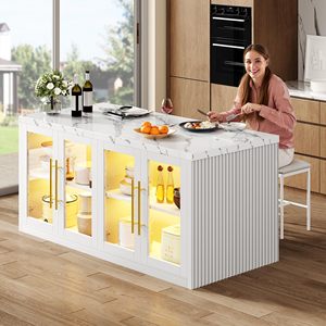 SENYU Modern White Kitchen Island with Glass Doors and Internal Lighting MDF <b>Cabinet</b> for Storage and Display - Product Image 5