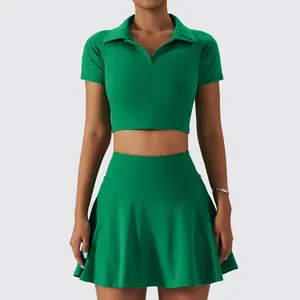 Hot Selling Women Two Piece Set Polo Tennis Skirt Fitness Golf Dress Pocket Girls Tennis Skirts