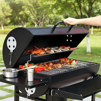 Barbecue fumoir autoportant de style coréen en acier au carbone avec étagères latérales et roues, grande capacité