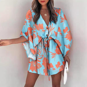 Vestido de Verano Casual para Mujer, Cintura <span class=keywords><strong>Imperio</strong></span>, Cuello en V, Manga Murciélago, Cintura con Lazo, Estampado, Acetato, para Vacaciones - Product Image 3