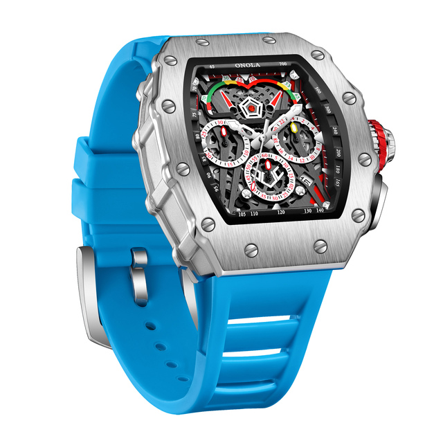 Luxury Classic Square Style Men's Watch Brand ONOLA Sports Running Seconds Three Eye Quartz Silicone Tape 43mm Alloy ON6827
