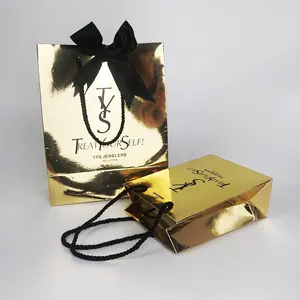 Bolsa de regalo de papel brillante dorado personalizable para fiestas y eventos, bolsa de papel creativa con mango