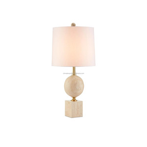 Modern Neutral <b>Travertine</b> & Brass Sphere <b>Table</b> Lamp | Sleek Organic Lighting for Hotel Bedrooms & Offices - Product Image 1