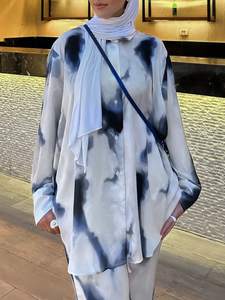 Abaya Kaftan de Dubaï en gros, Abaya modeste turque, robe musulmane pour femmes, kimono, tie-dye, imprimé aquarelle, ensemble d'Abaya en mousseline - Product Image 5