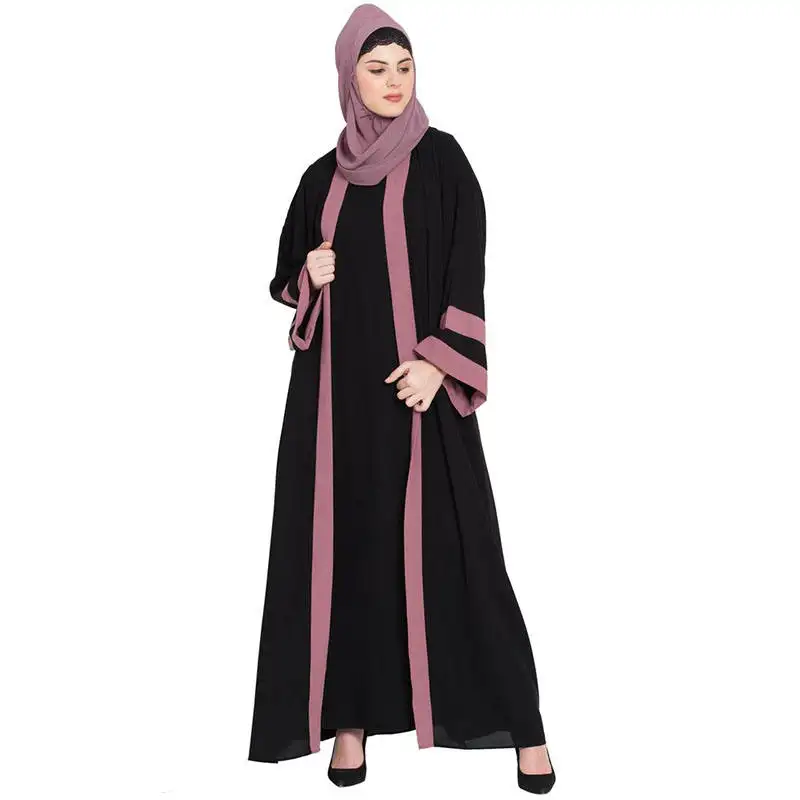 Kustom warna kontras kardigan muslim wanita mantel abaya dubai muslim lengan panjang abaya wanita