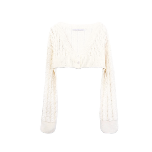 เสื้อคาร์ดิแกนแขนยาวถักแบบครอปเปิดสีงาช้างสำหรับผู้หญิง - Product Image 2