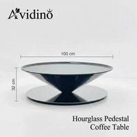 Table basse moderne en forme de sablier, plateau en bois et verre, finition mate, base en acier inoxydable, durable, couleurs/finitions personnalisables