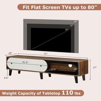 Meuble TV coulissant style Mid-Century, finition noyer, console multimédia avec portes crème et noires, design panneau, gestion des câbles pour salon