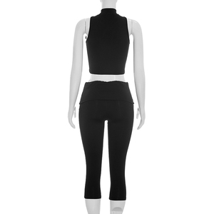 Viviblook J26ST187 Women Summer Set Solid Color Hollow Crop Tank Top Cropped Pants Two Piece Set - Product Image 4