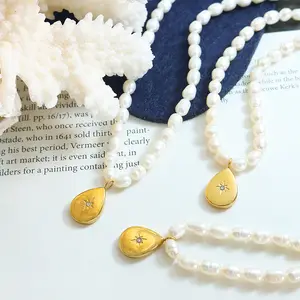 AIZL法式ins风格浪漫礼品饰品水滴形镶嵌锆石吊坠淡水珍珠项链