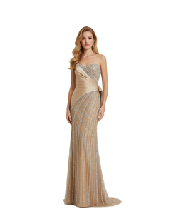 Abito da Sera di Lusso Color Oro Champagne con Perline, Stile Sirena, Elegante per Matrimoni, Balli e Gala - Product Image 1