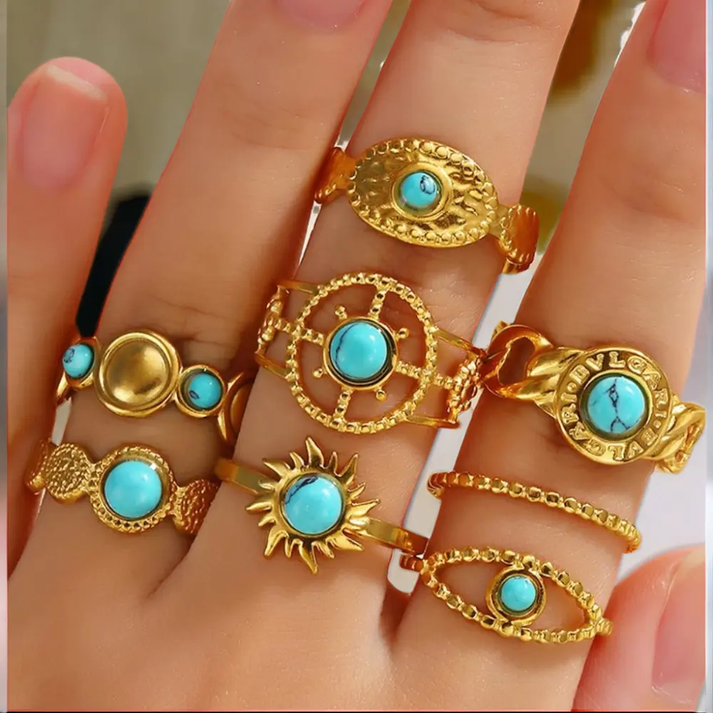 Titanium steel ring turquoise with natural stone ring adjustable open gold stainless steel ring popular for women