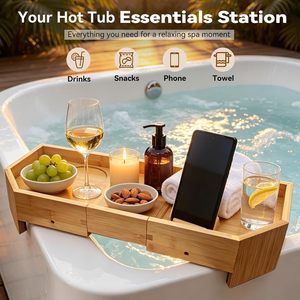 Plateau pour bain à remous en bambou avec longueur extensible et rotation à 360° ° Support de téléphone antidérapant pour table latérale de spa, porte-boissons pour collations et essentiels - Product Image 6